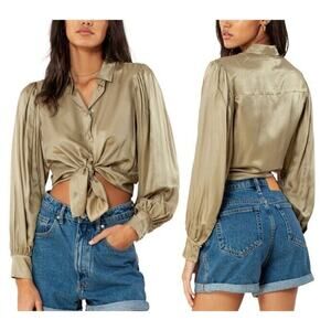 Hale Bob Satin Button Front Top Small Silk Blend Olive Puff Sleeves